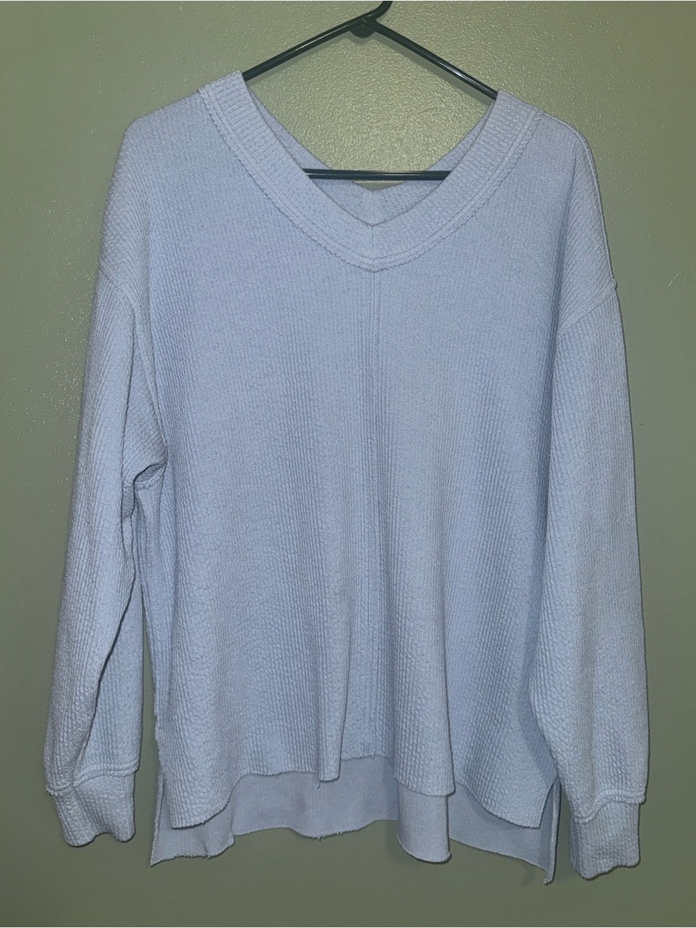 Aerie Oversized Waffle Knit V-Neck Sweater Light Blue XS